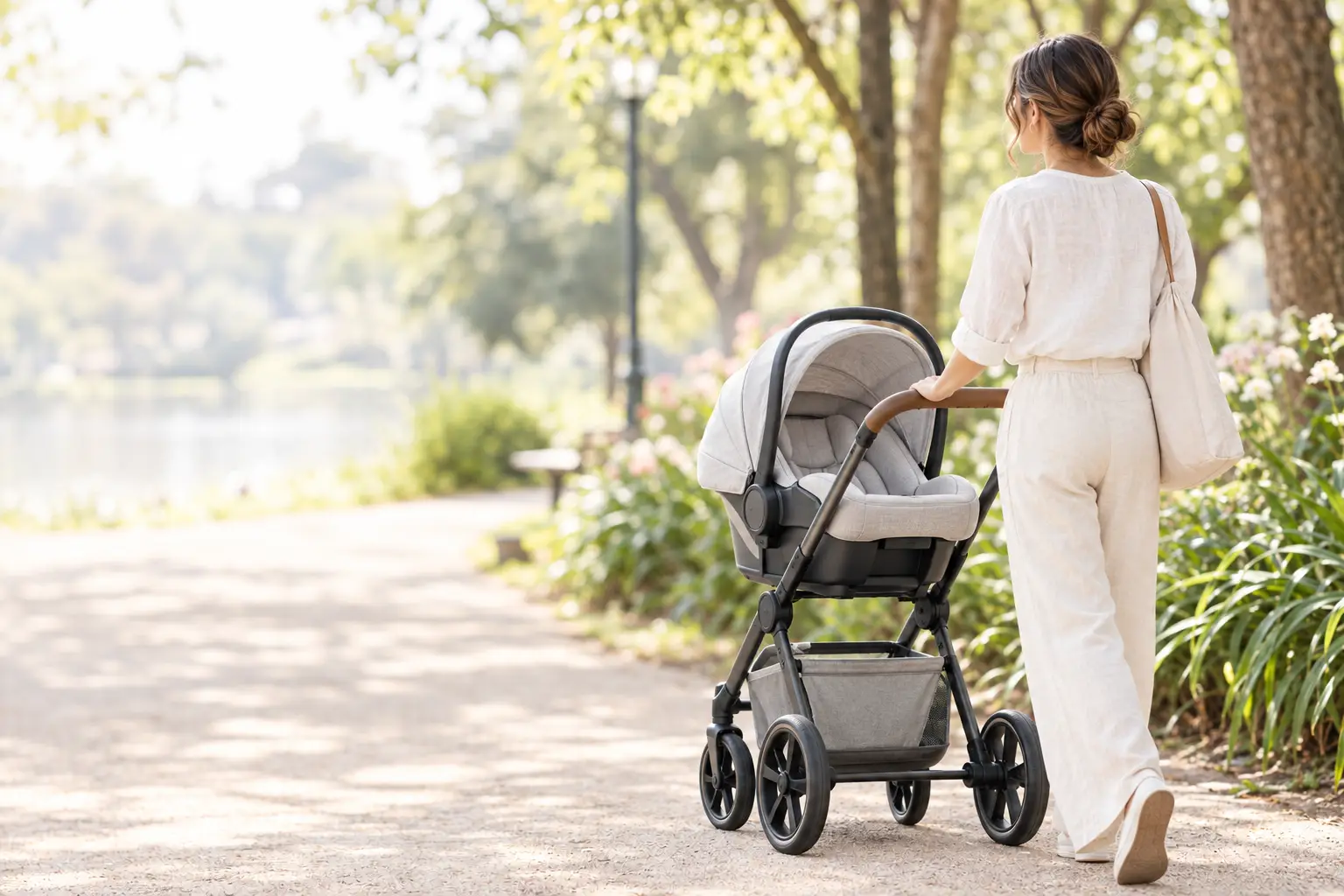 Carrinho de bebê com bebê conforto encaixado, numa calçada arborizada